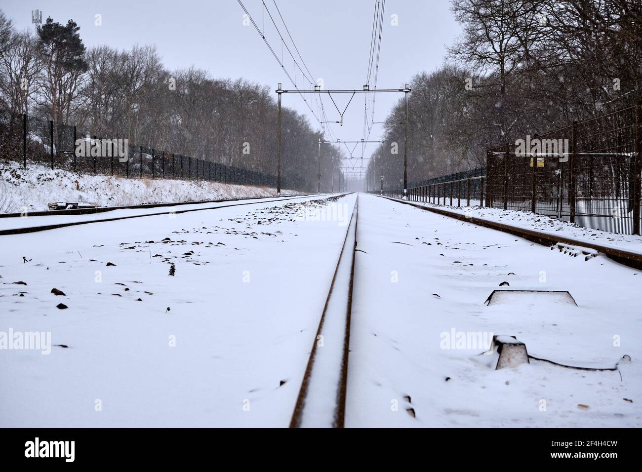 Railway tracks during snowfall in the Netherlands. Train tracks covered with snow in a snow shower near Amersfoort, Netherlands. Freezing rain and Stock Photo