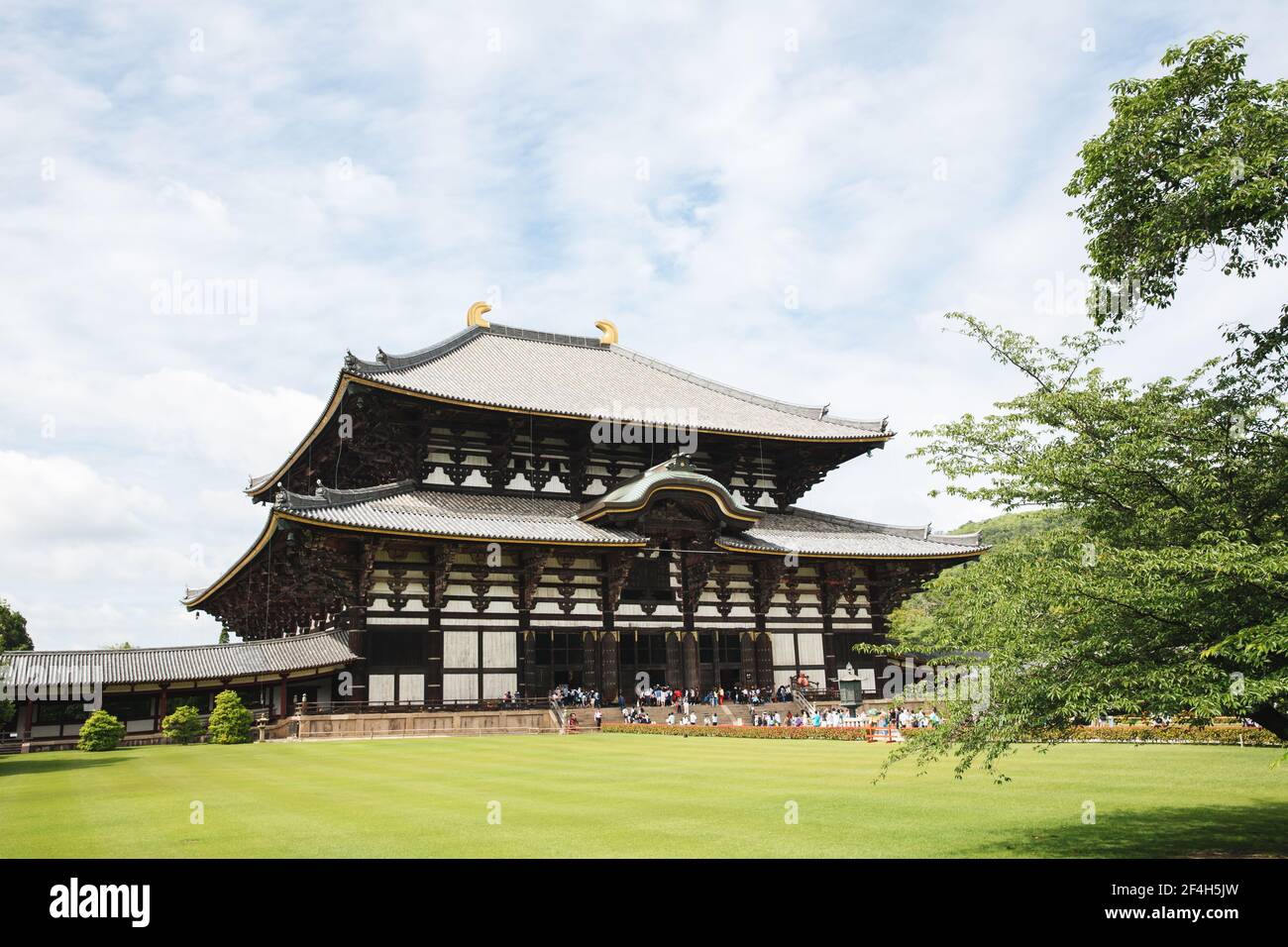 Japanese temple at Nara city with japanese maple tree leaves in Kyoto vintage film style Stock Photo