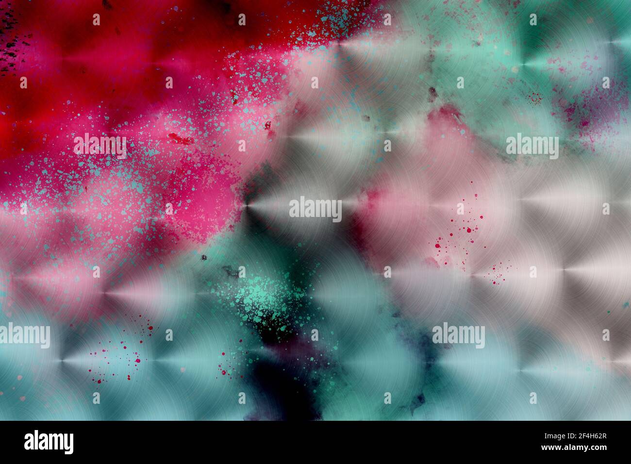 Circular brushed metal texture with multicoloured abstract pattern. Blue, red, pink, violet colours Stock Photo