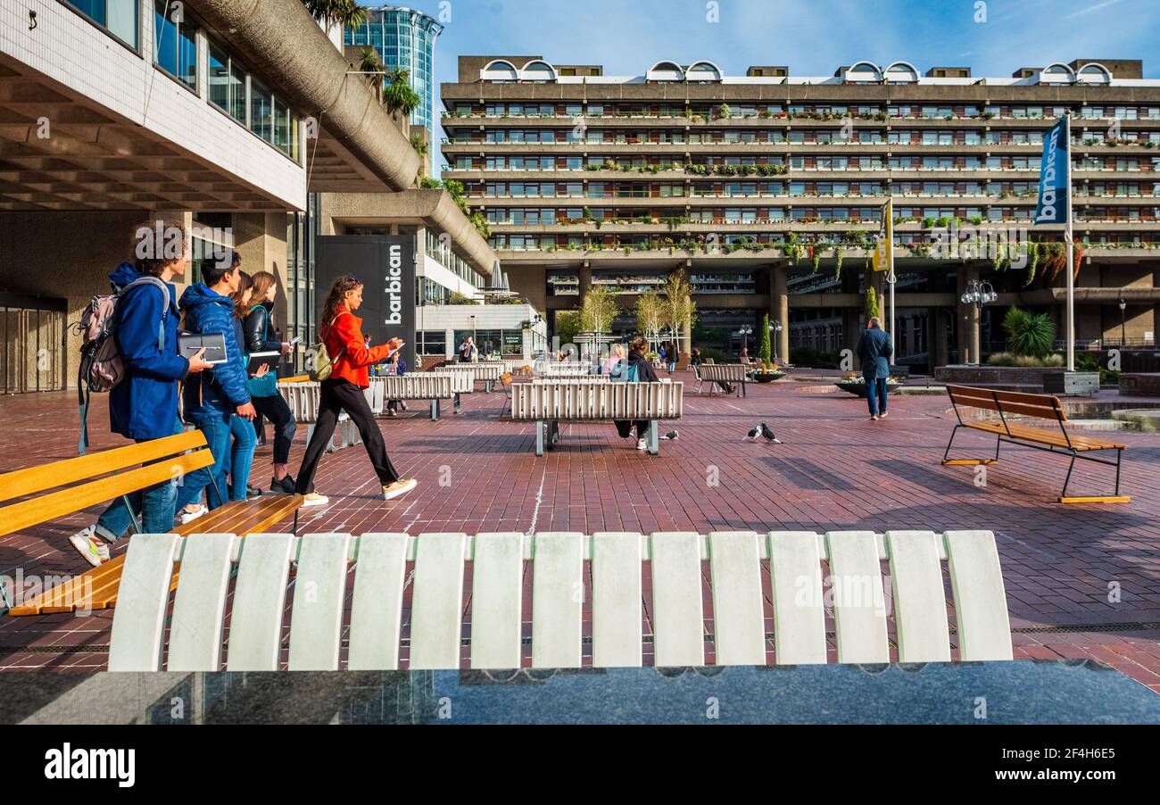 The Barbican Centre London - Terrace Level Entrance to the Barbican Centre performing arts centre. Architects Chamberlin, Powell and Bon opened 1982. Stock Photo