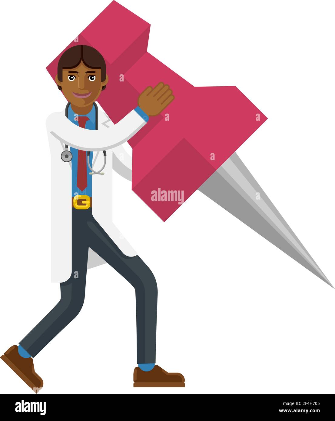 Asian Doctor Man Holding Thumb Tack Pin Mascot Stock Vector