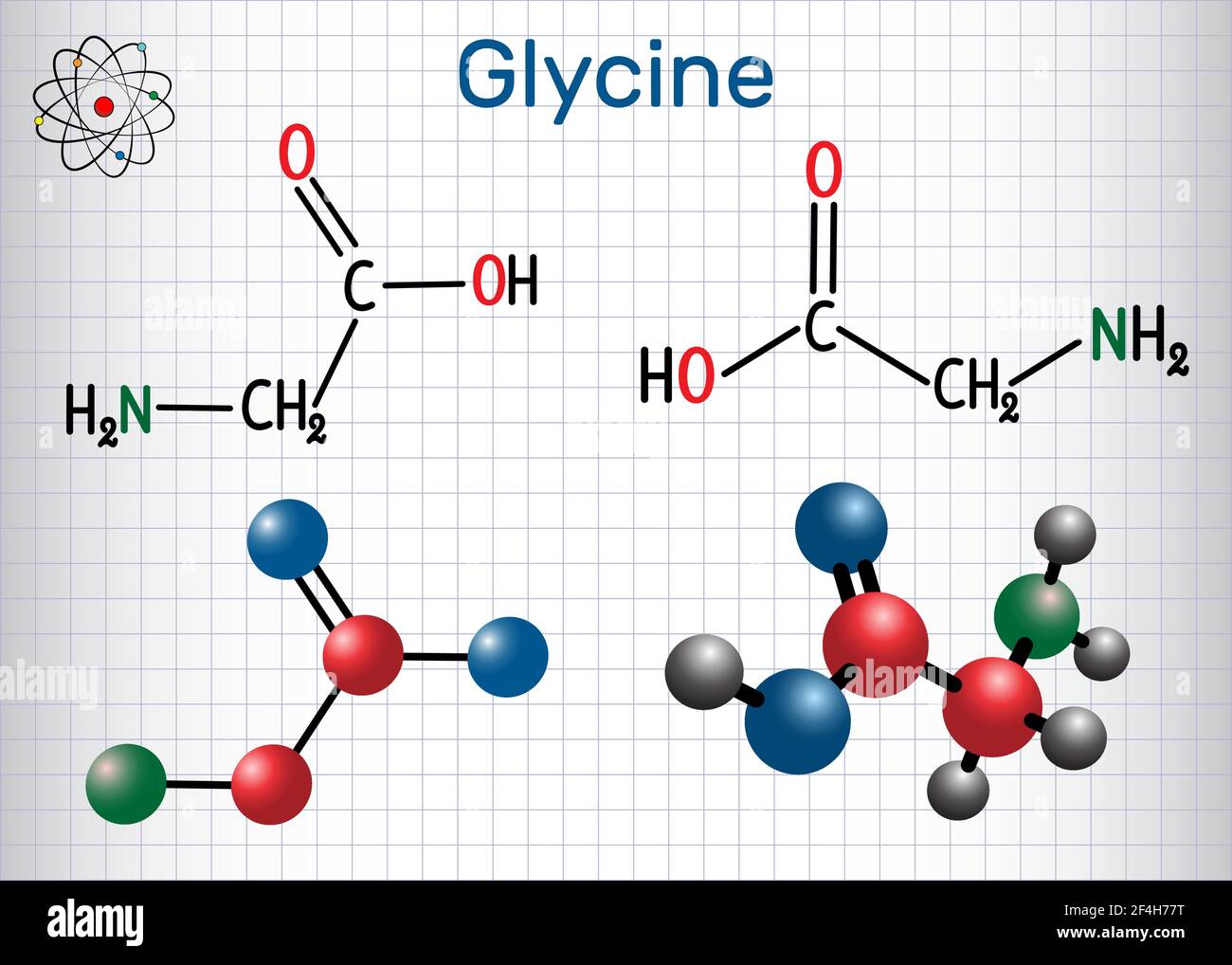 Glycine Gly or G , is the amino acid. Structural chemical formula and