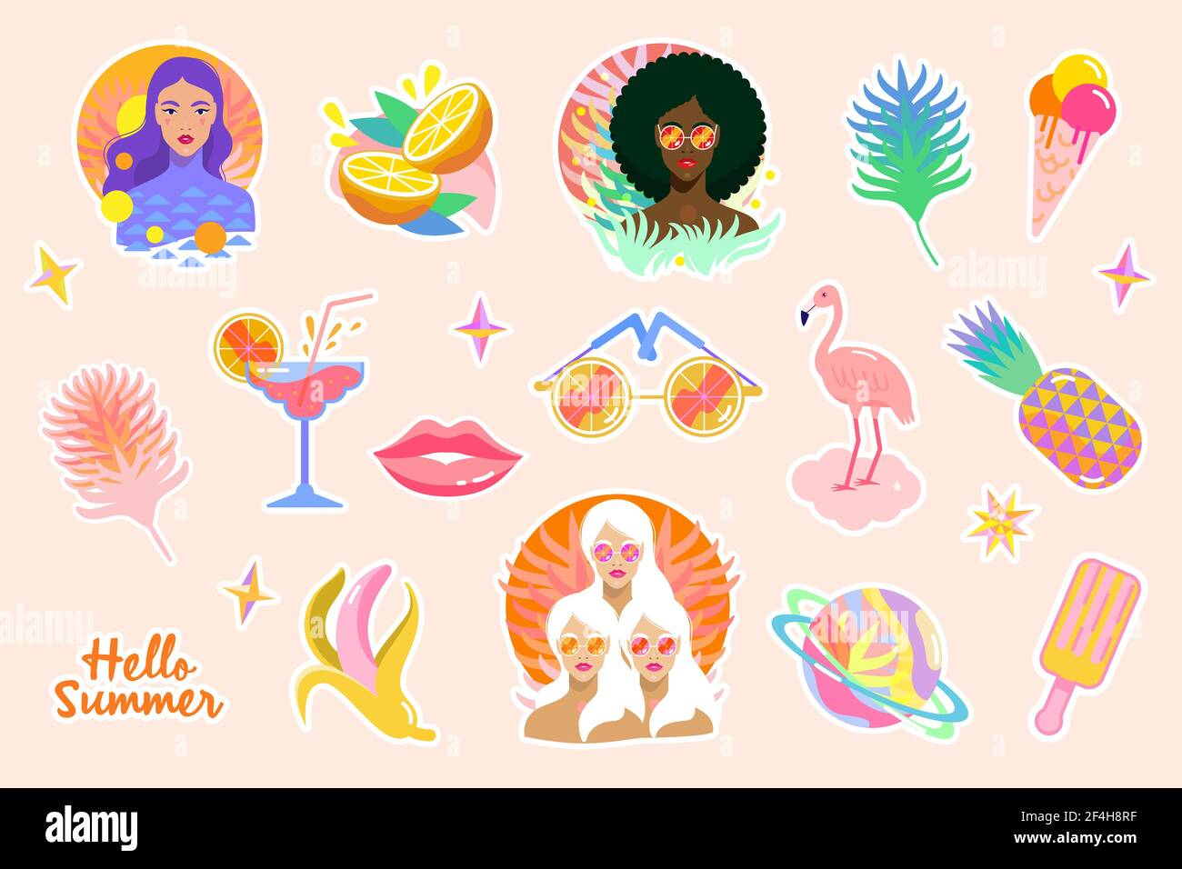 Summer stickers set with flamingo, sunglasses, tropical palm leafs