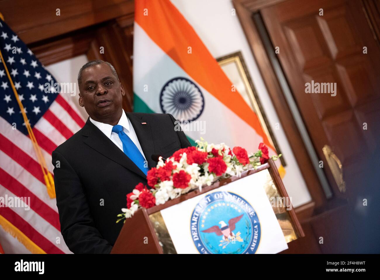New Delhi, India. 20th Mar, 2021. U.S. Secretary of Defense Lloyd J. Austin III during a press conference March 20, 2021 in New Delhi, India. Credit: Planetpix/Alamy Live News Stock Photo