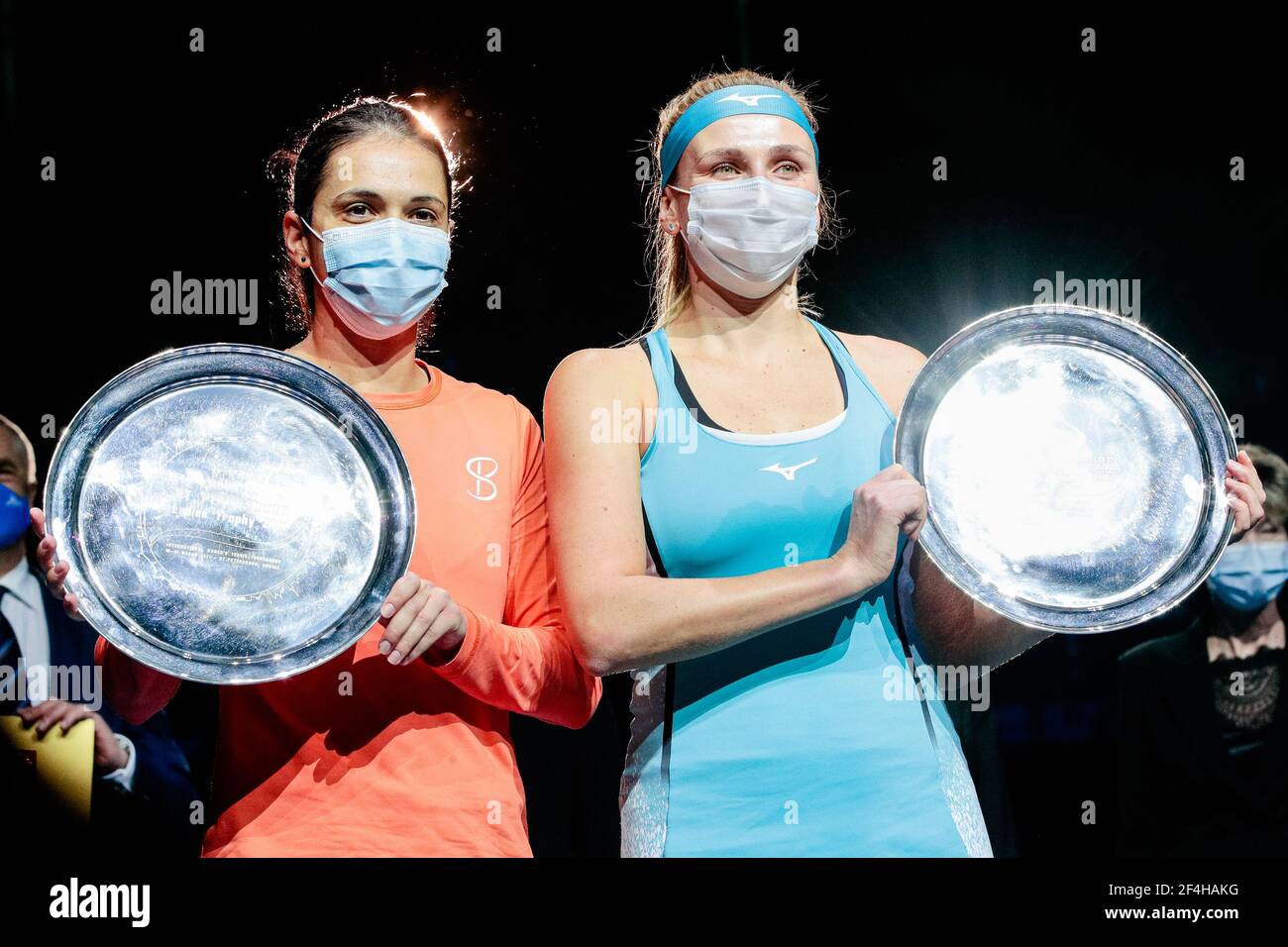 ST PETERSBURG, RUSSIA - MARCH 21: Raluca Olaru of Romaniaand Nadiia Kichenok of Ukraine winners doubles of the 2021 St Petersburg Ladies Trophy, WTA 500 tennis tournament at Sibur Arena on March 21, 2021 in St Petersburg, Russia (Photo by Anatolij Medved/Orange Pictures)*** Local Caption *** Raluca Olaru, Nadiia Kichenok Credit: Orange Pics BV/Alamy Live News Stock Photo