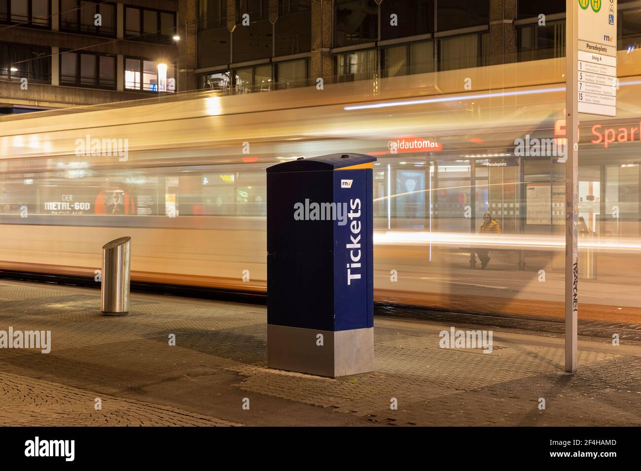 Street car tickets are sold at tram stops in Mannheim, Germany. Stock Photo