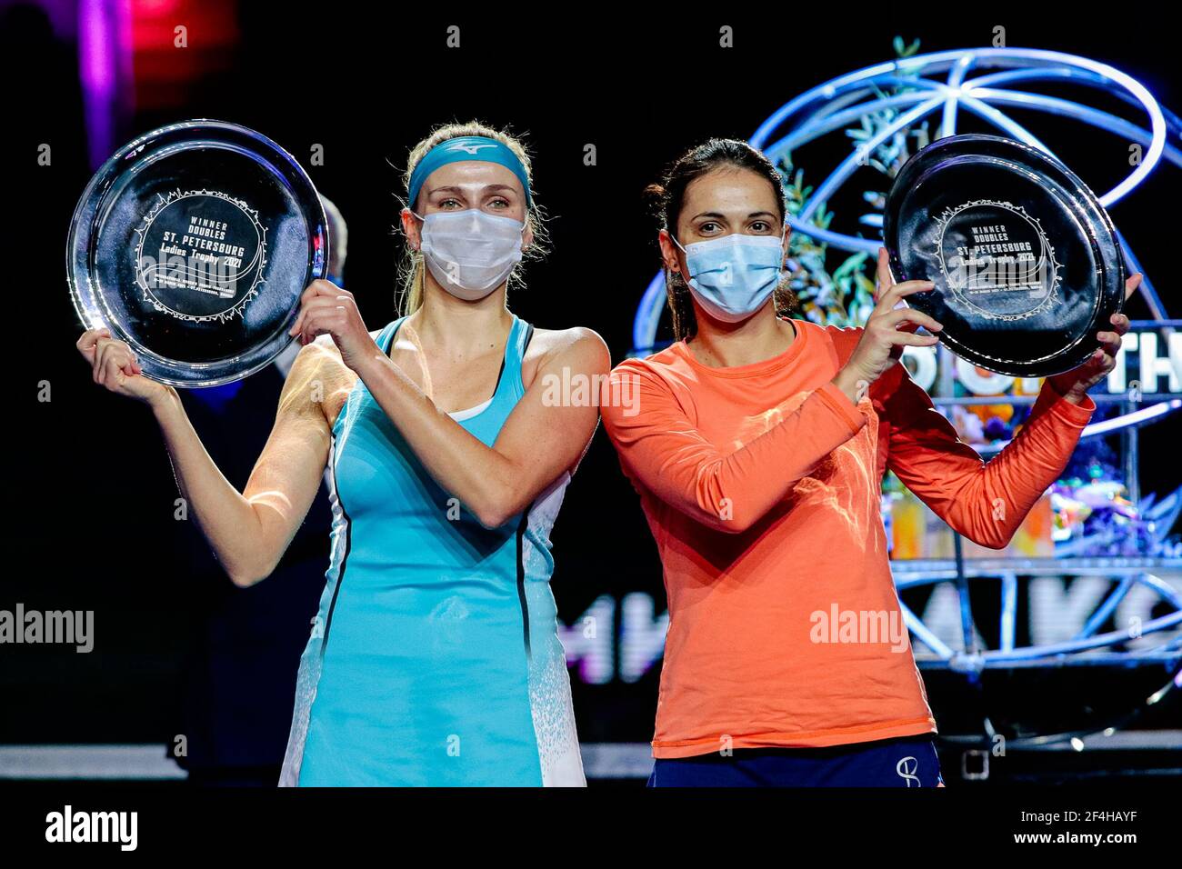 ST PETERSBURG, RUSSIA - MARCH 21: Nadiia Kichenok of Ukraine and Raluca Olaru of Romania winners doubles of the 2021 St Petersburg Ladies Trophy, WTA 500 tennis tournament at Sibur Arena on March 21, 2021 in St Petersburg, Russia (Photo by Anatolij Medved/Orange Pictures)*** Local Caption *** Nadiia Kichenok, Raluca Olaru Credit: Orange Pics BV/Alamy Live News Stock Photo