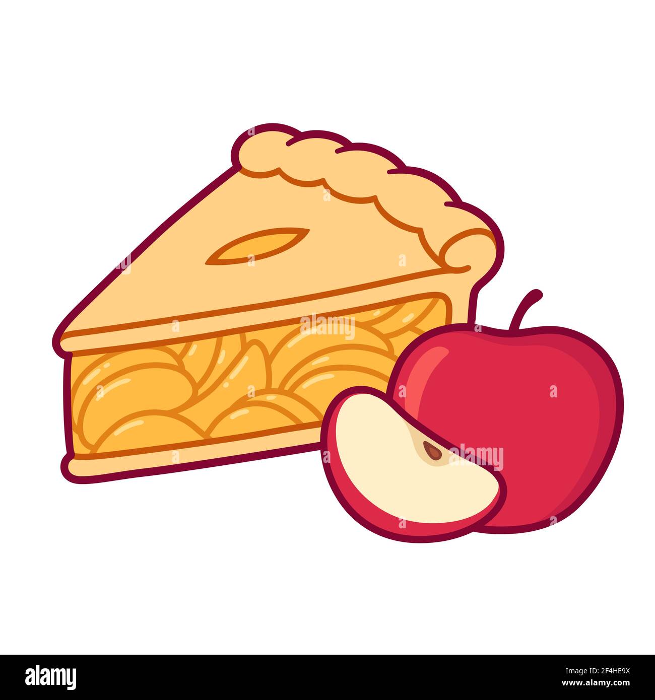 Cute cartoon apple pie drawing. Simple hand drawn pie slice with red apples. Isolated vector clip art illustration. Stock Vector