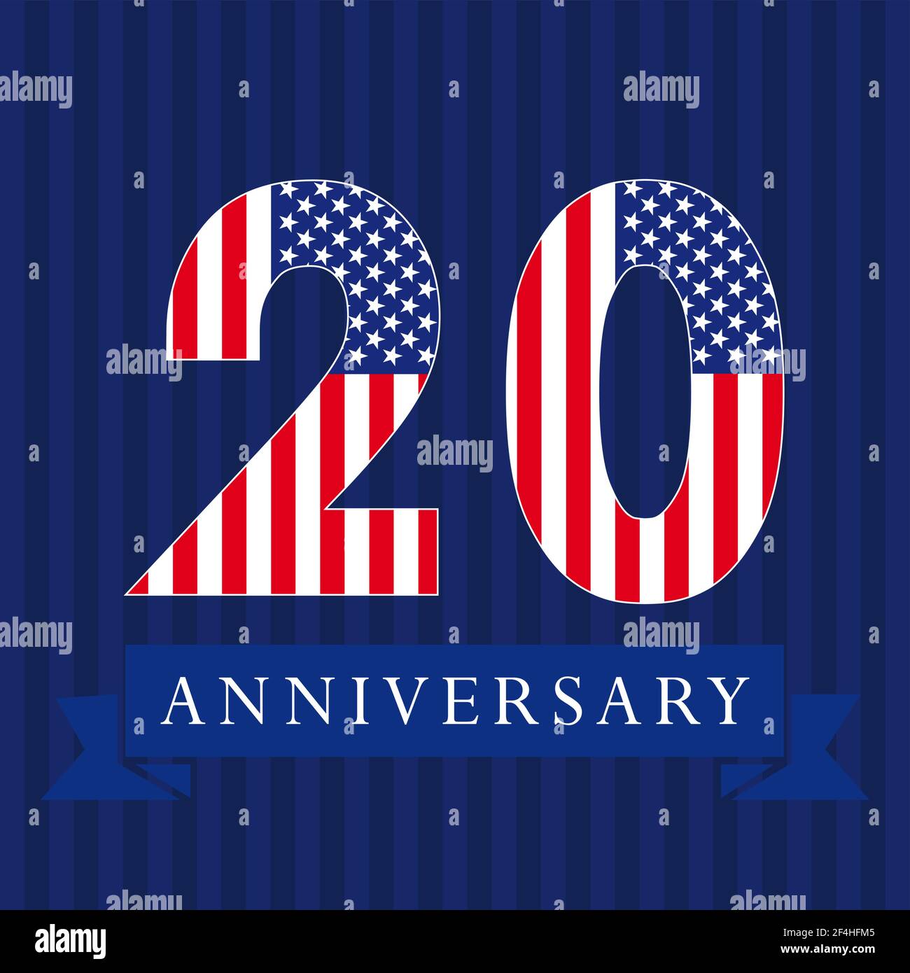 Anniversary 20 US flag logotype. Template of celebrating 20 th. Isolated numbers in traditional style on striped abstract blue background. United Stat Stock Vector