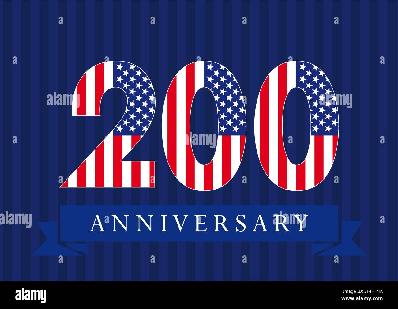 Anniversary 200 US flag logotype. Template of celebrating 200 th. Isolated numbers in traditional style on striped abstract blue background. United St Stock Vector