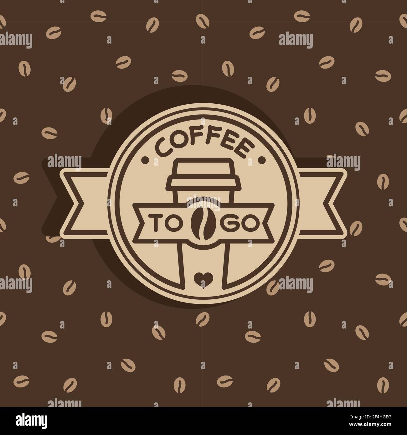 Coffee to go label with beans seamless pattern. Paper cup or logo design. Stock Vector