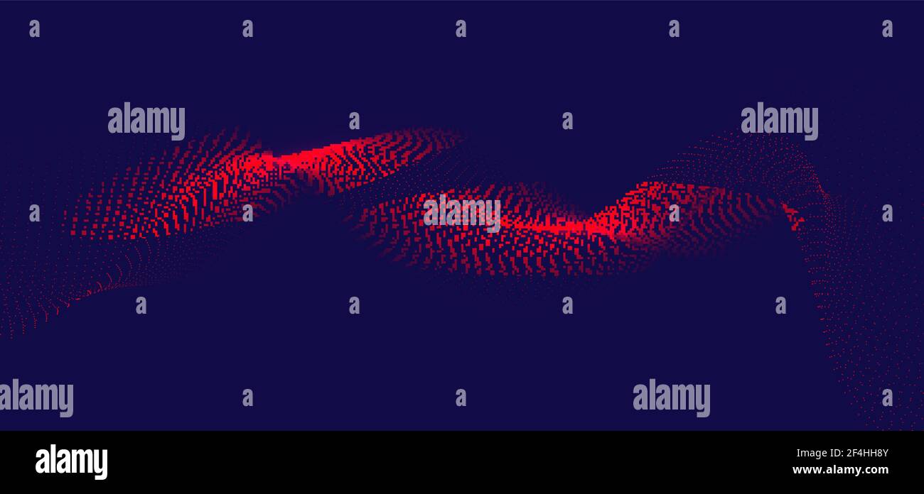 Abstract flowing red wavy lines dots particles on dark blue background ...