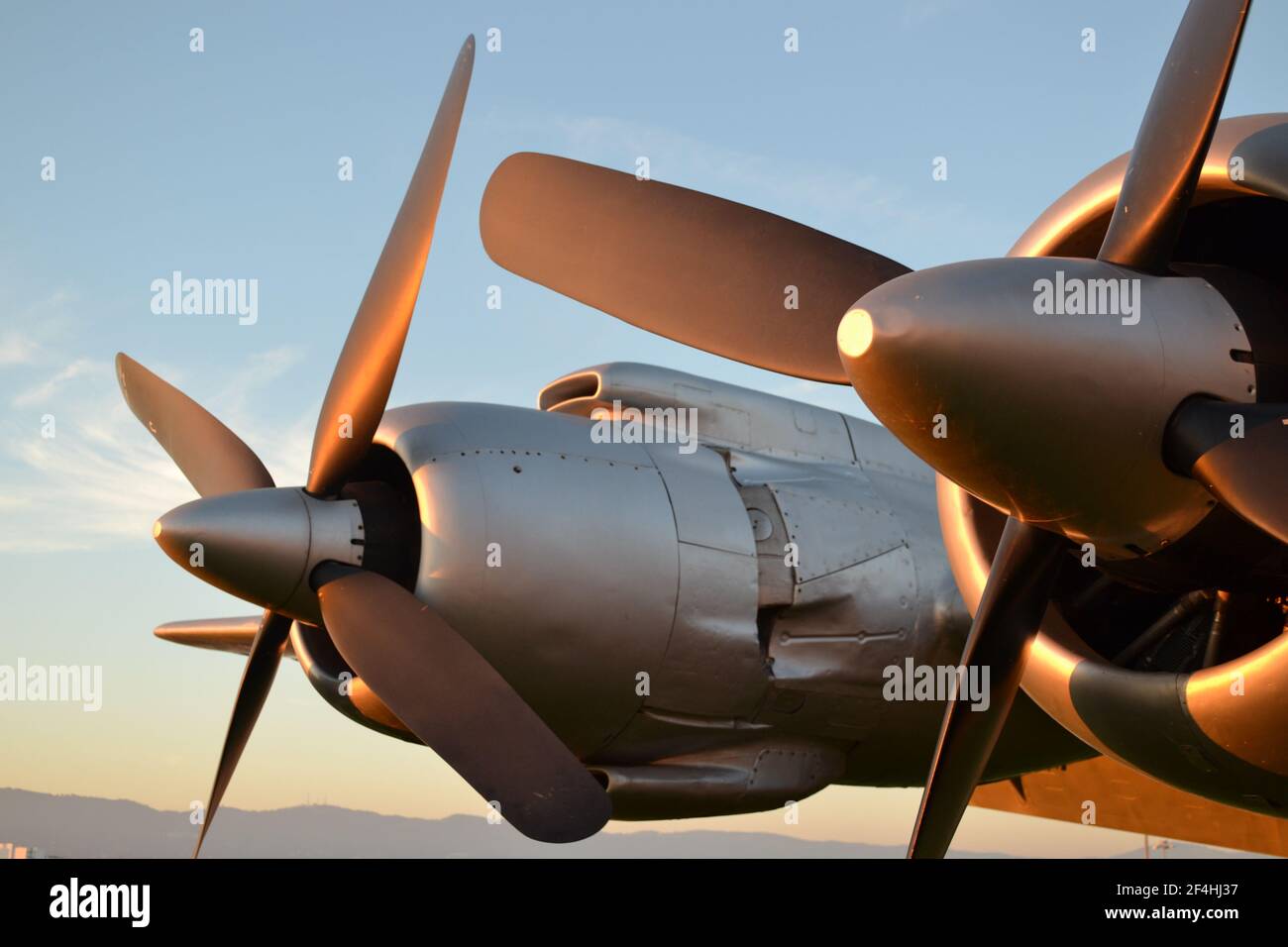 Douglas DC-7 Transport Aircraft on the Bank of the Guadalquivir River, Córdoba, Spain. Propellers, engines, the nose & tail fin, early evening sunset. Stock Photo