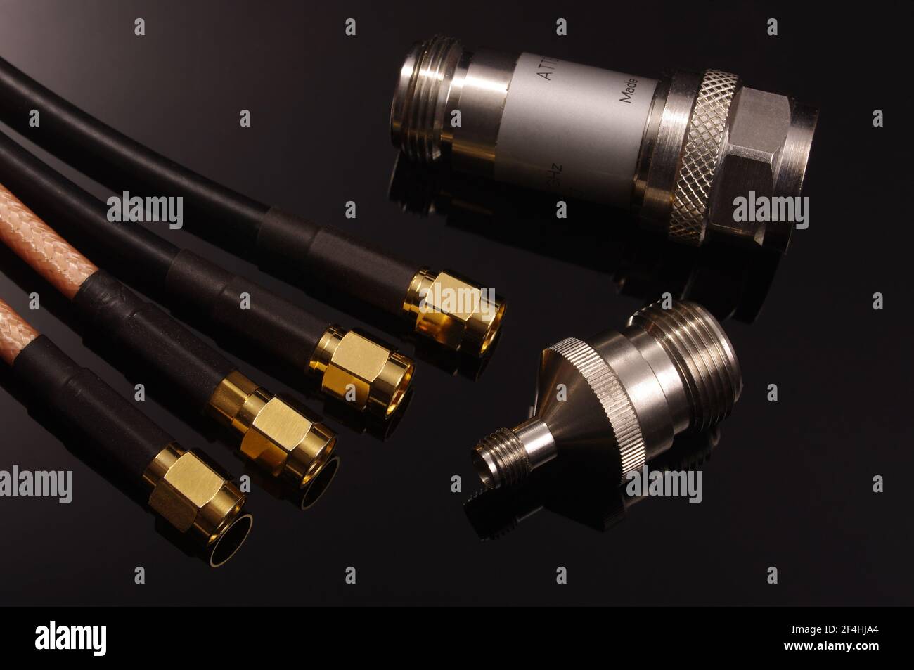 Coaxial radio frequency cables, attenuator and connector adapter for