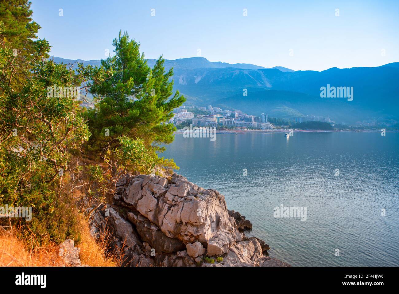 Sunrise landscape of the Adriatic coast,  Becici, Montenegro Stock Photo