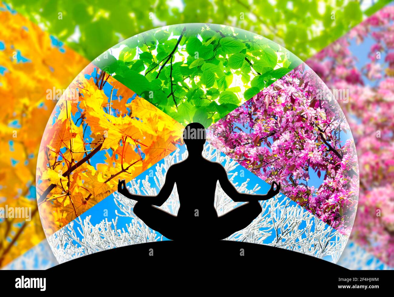 Female yoga figure silhouette against collage of four pictures representing each season: spring, summer, autumn and winter. Stock Photo