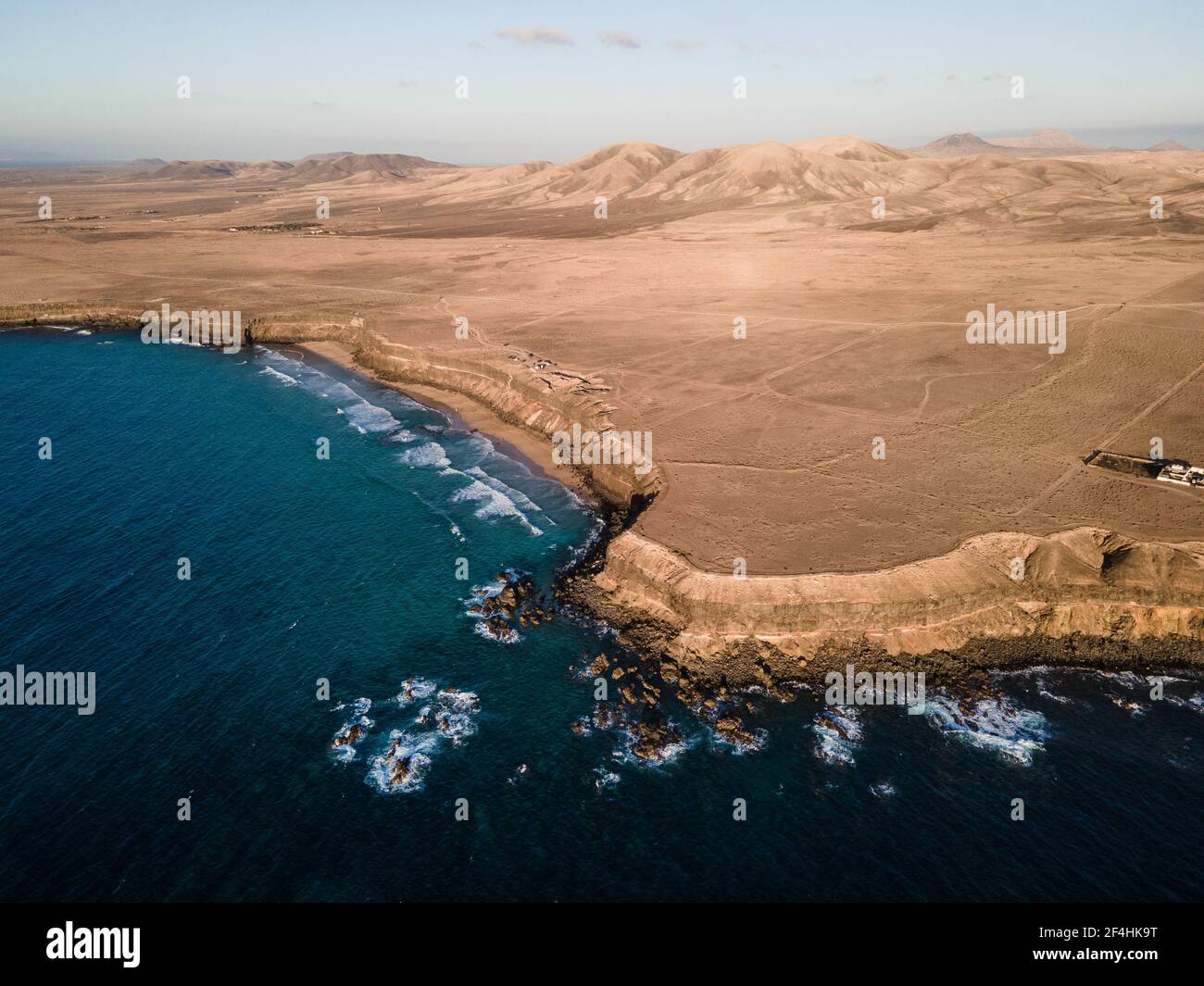 El Aguila beach (also known as La Escalera beach) aerial drone shot in Fuerteventura, Canary Islands Stock Photo