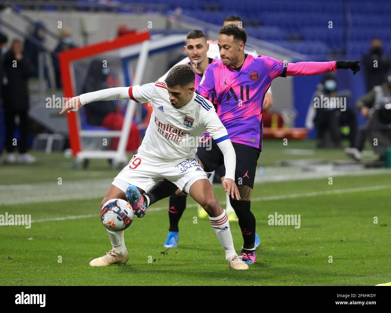 Bruno Guimaraes of Lyon, Neymar Jr of PSG during the French championship  Ligue 1 football match between Olympique Lyonnais (OL) and Paris  Saint-Germain (PSG) on March 21, 2021 at Groupama stadium in