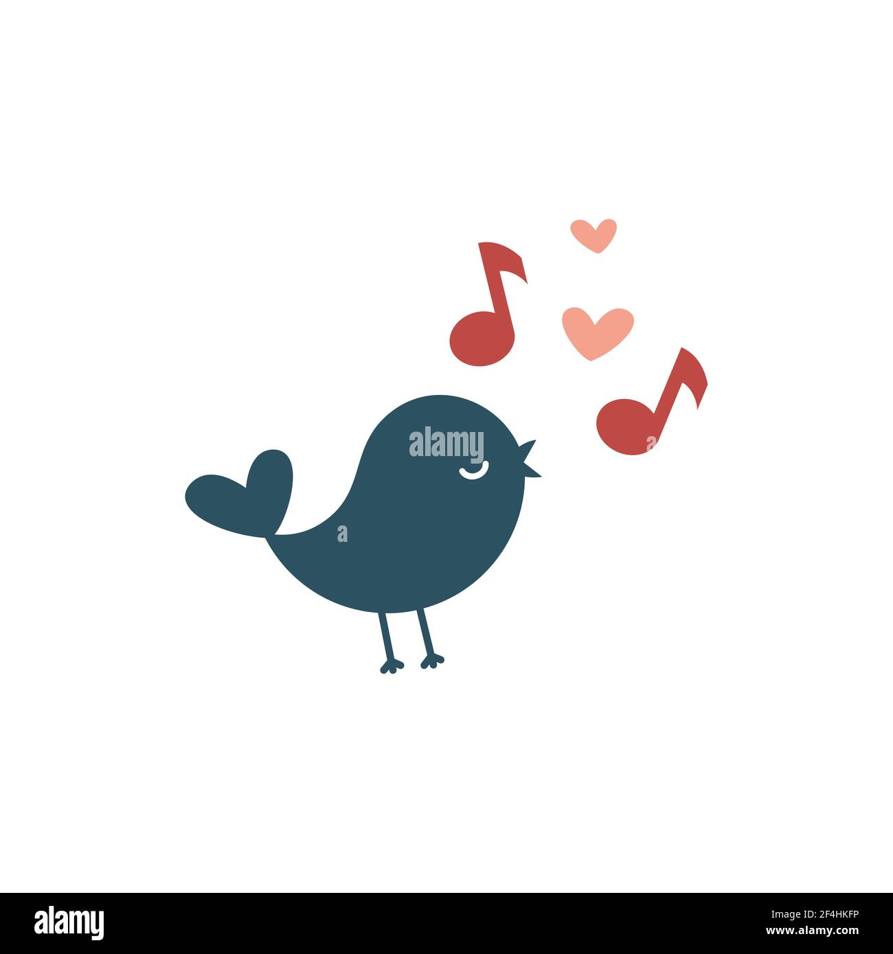 Cute bird with music notes and hearts cartoon. Songbird singing silhouette. Stock Vector