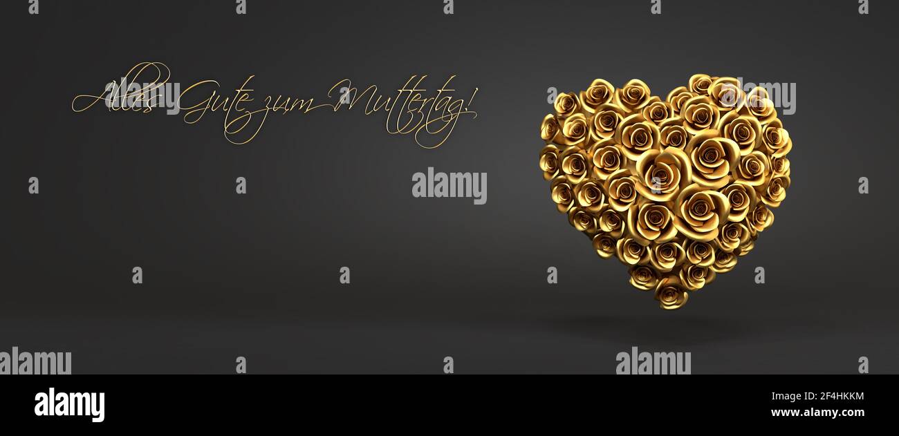3d rendering: A heart of golden roses in front of a black background and the German message "Alles Gute zum Muttertag" ("Happy Mother's Day"). Web ban Stock Photo