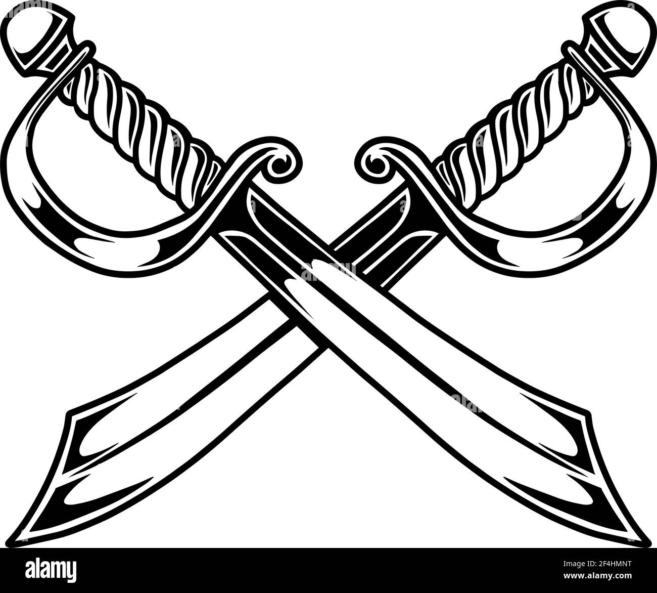 Illustration of crossed pirate swords in engraving style. Design element for poster, card, banner, sign. Vector illustration Stock Vector