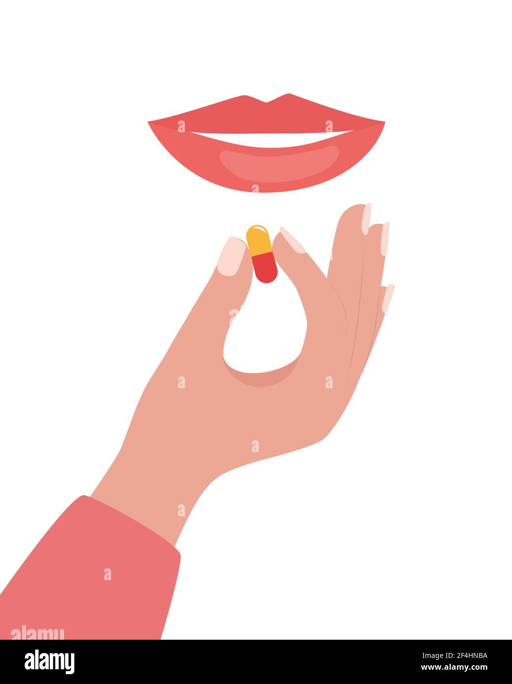 Woman's mouth and hand with a pill. Woman taking a pill. Girl holds a pill in her hand and intends to take it. Medication treatment, pharmacy and medi Stock Vector