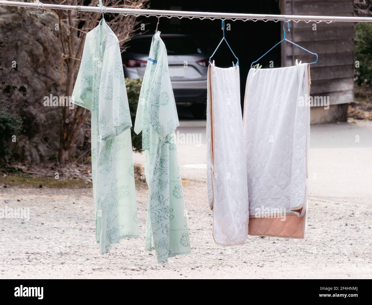 The two blankets and beautiful green traditional Japanese Kimono
