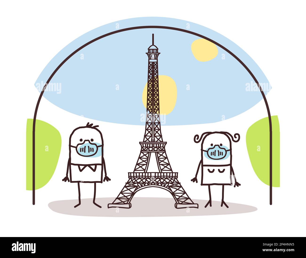 Hand drawn Cartoon Couple with protection Masks, near the Eiffel Tower, Contained in Paris Stock Vector
