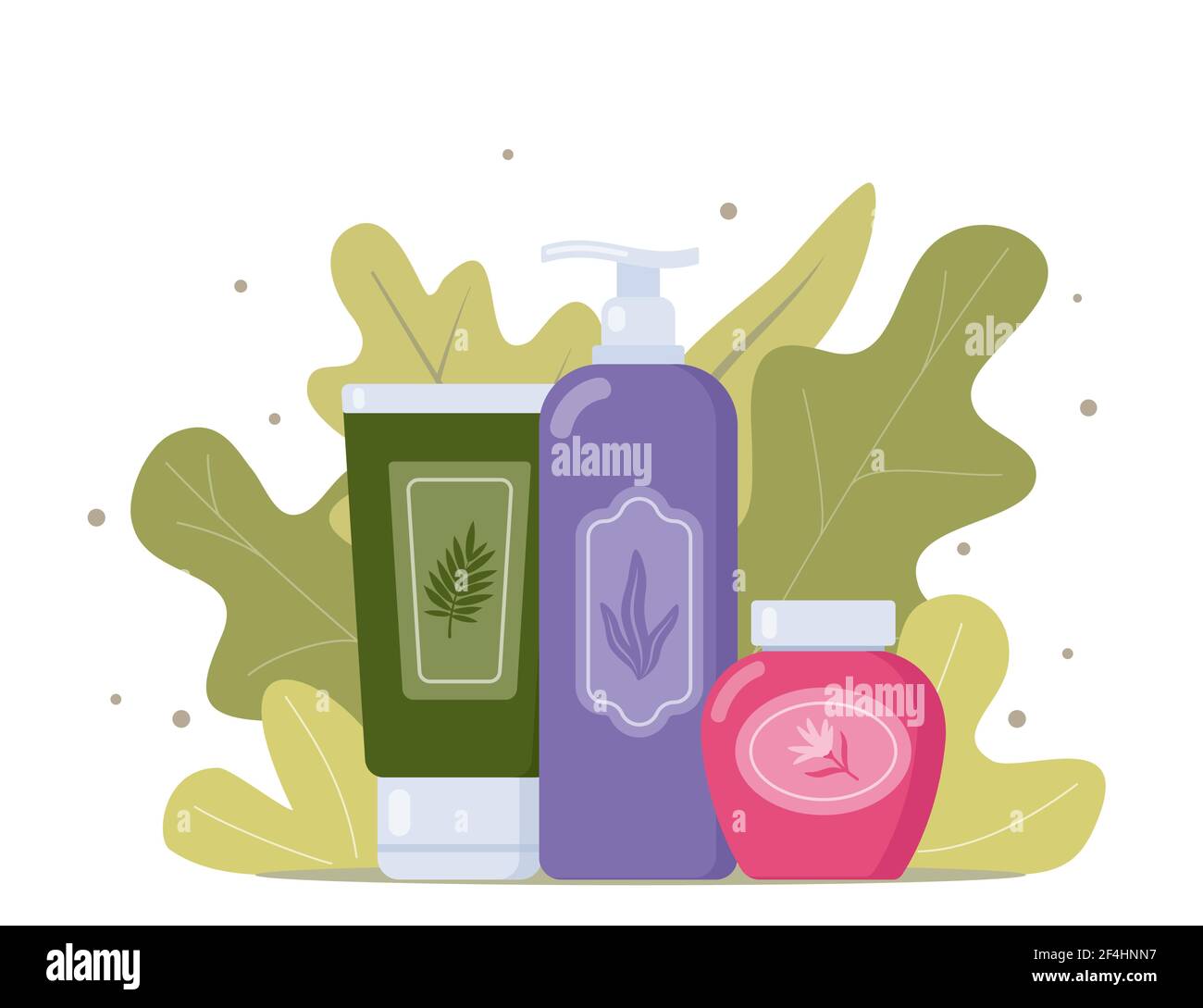 Tubes and vials cosmetics, tropical leaves on background. Everything for beauty and skin care. Cream, gel, tube, soap. Natural cosmetic from organic p Stock Vector