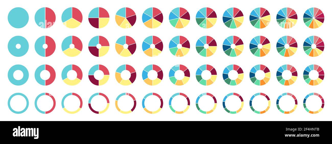 Circle pie chart. 2,3,4,5,6,7,8,9,10,11,12 sections or steps. Flat