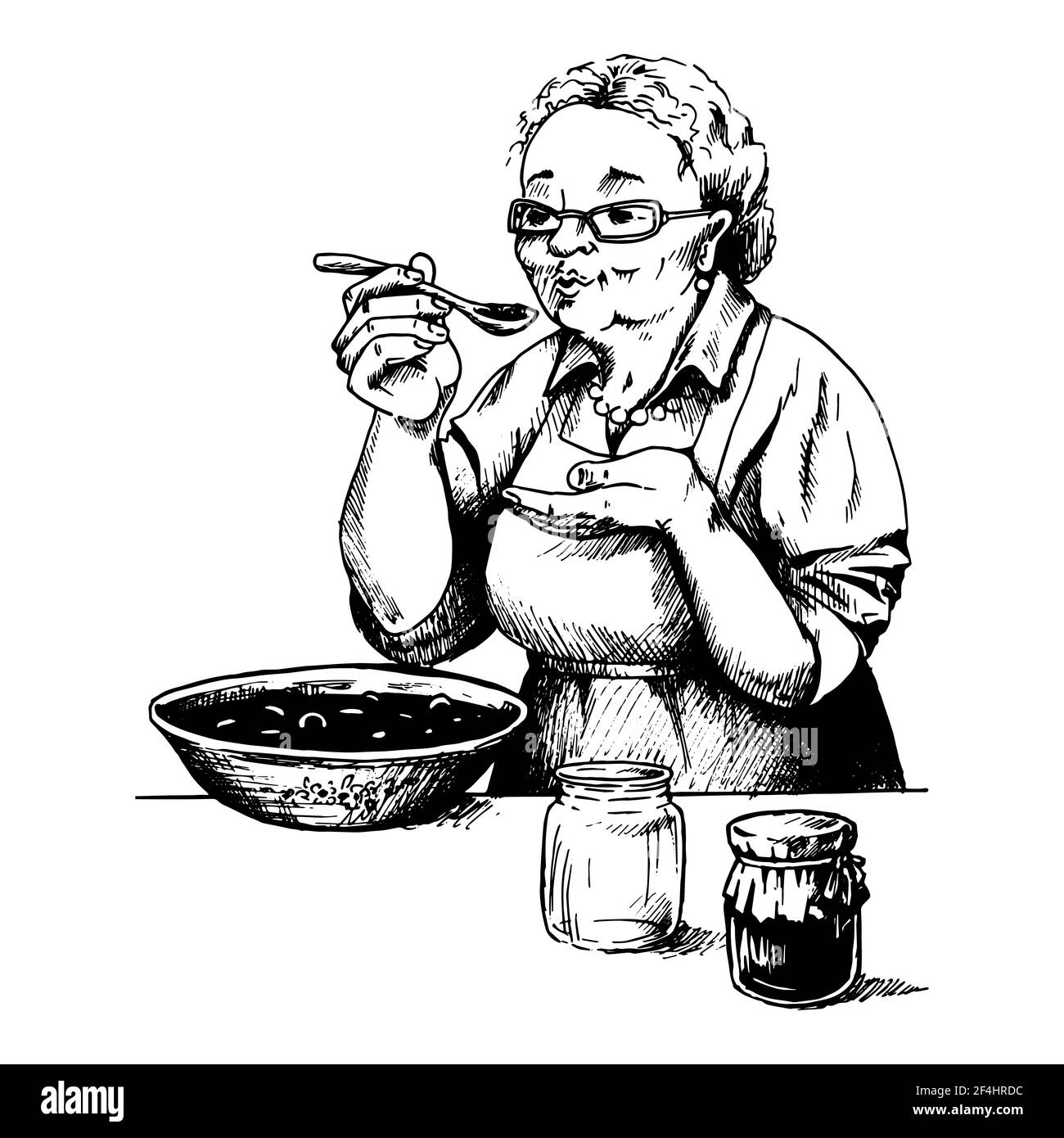 grandmother prepares jam, sketch, scribble, for labels, books, black and white graphics, vector illustration Stock Vector
