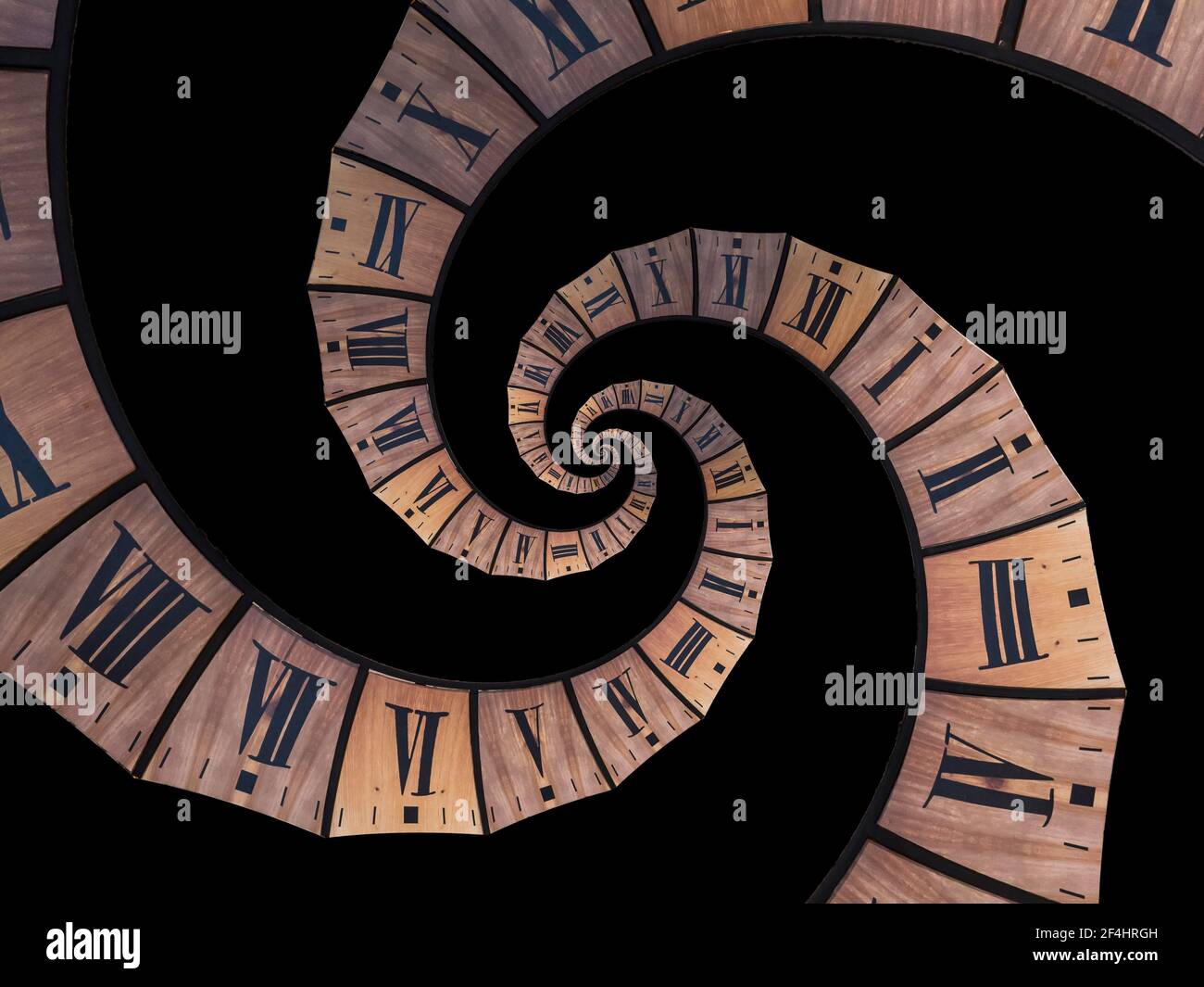 A closeup illustration of a wooden infinity time spiral on black ...
