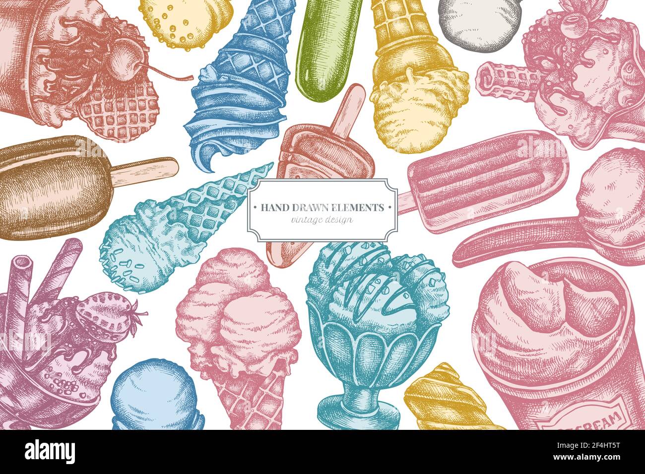 Design with pastel colored ice cream bowls, ice cream bucket, popsicle