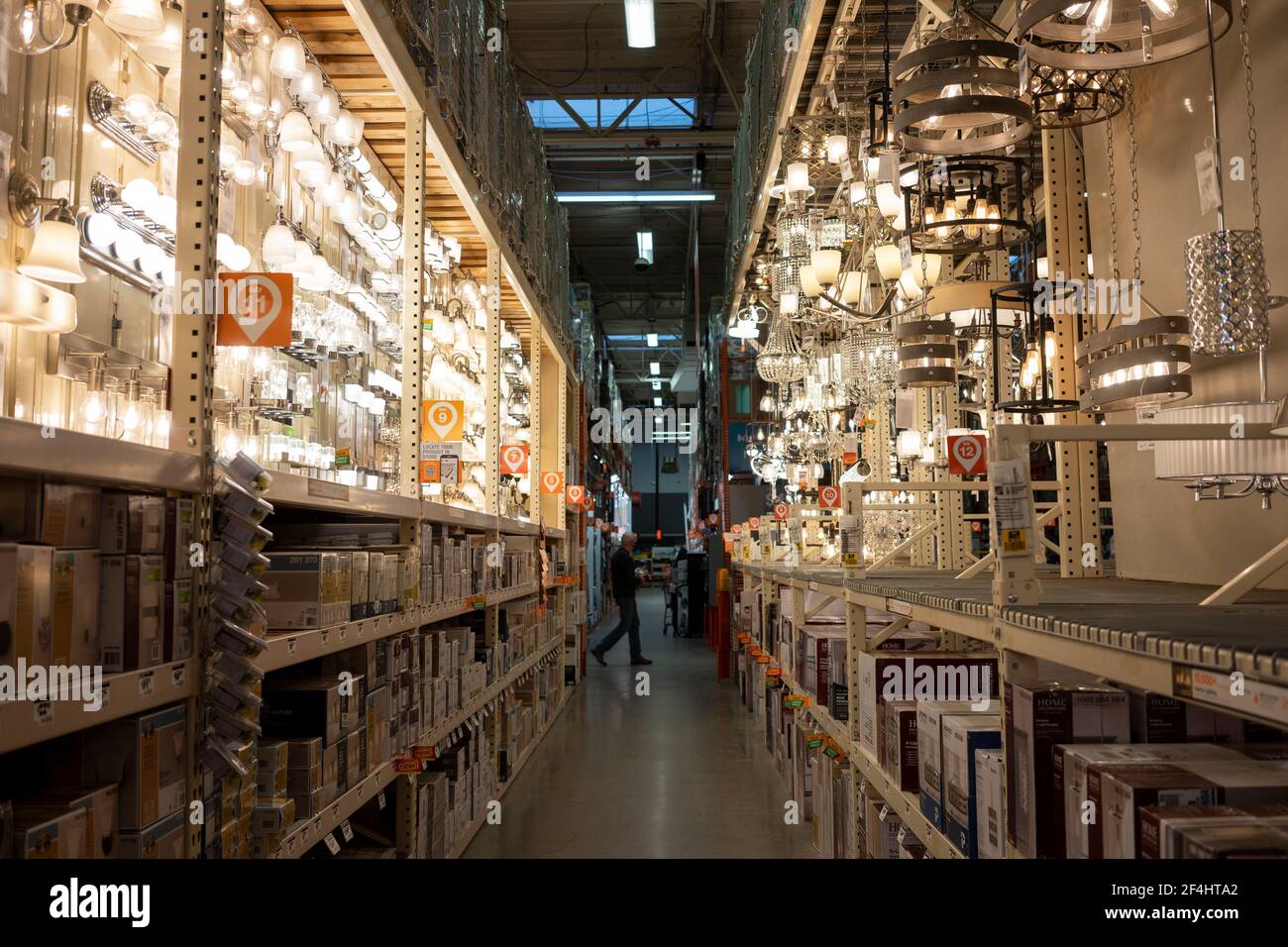 The lighting department aisle in the Home Depot in Tigard, Oregon, seen on Saturday, March 13, 2021. Stock Photo