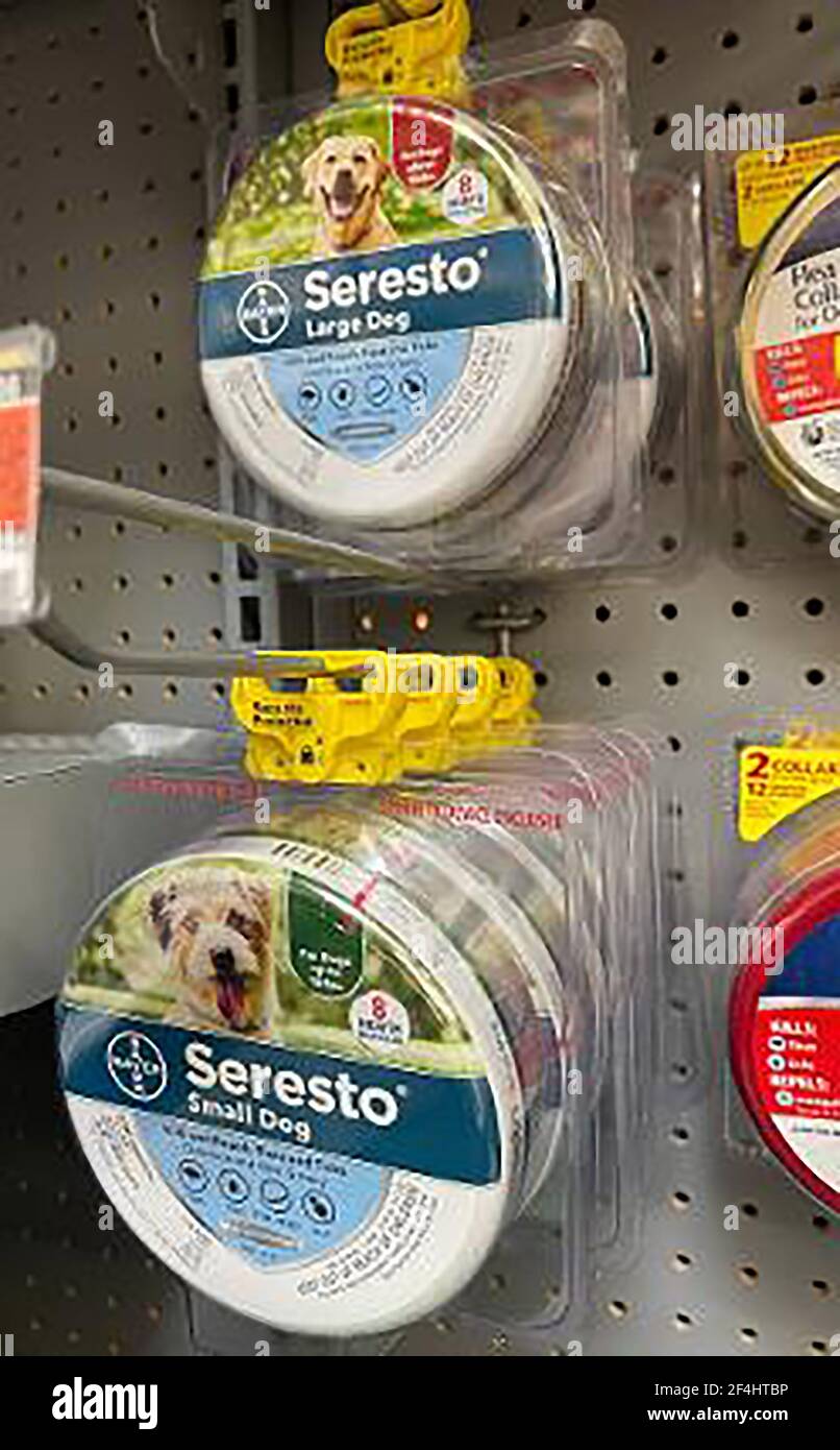 Maplewood, United States. 21st Mar, 2021. Seresto Flea and Tick collars for small and large dogs, hang ready for sale at Walmart in Maplewood, Missouri on Sunday, March 21, 2021. A Congressional subcommittee has asked for the recall of the popular flea and tick collars stating the collars have been linked to the deaths of 1,700 pets and may have caused illnesses in thousands more dogs and cats. U.S. Rep. Raja Krishnamoorthi (D-Ill.) says 75,000 incidents to pets and nearly 1,000 incidents to humans have occurred from the collars. Photo by Bill Greenblatt/UPI Credit: UPI/Alamy Live News Stock Photo