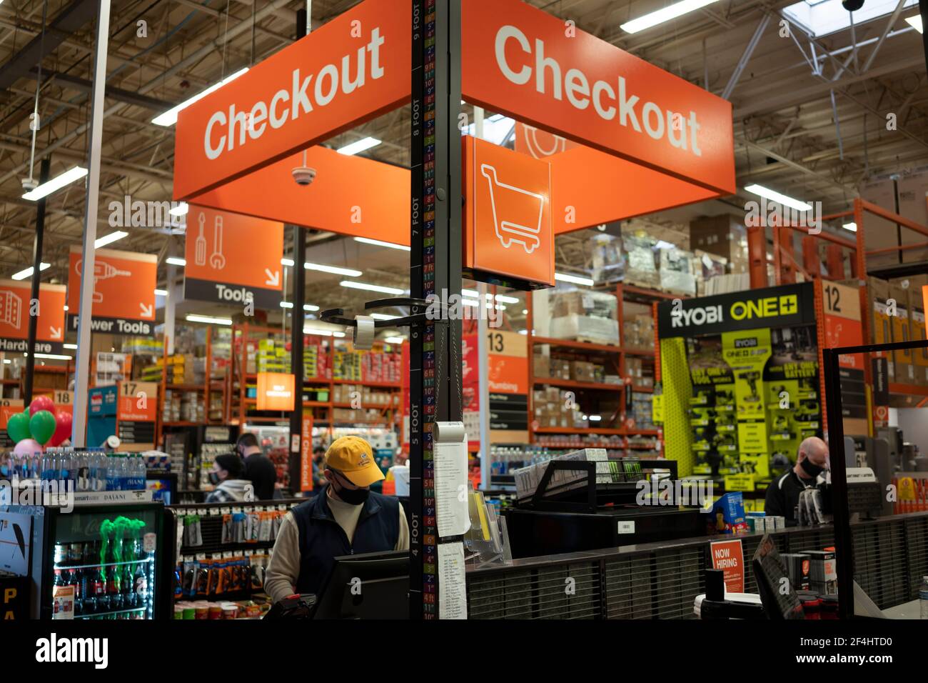 The self-checkout lane in the Home Depot in Tigard, Oregon, seen on Saturday, March 13, 2021. Stock Photo