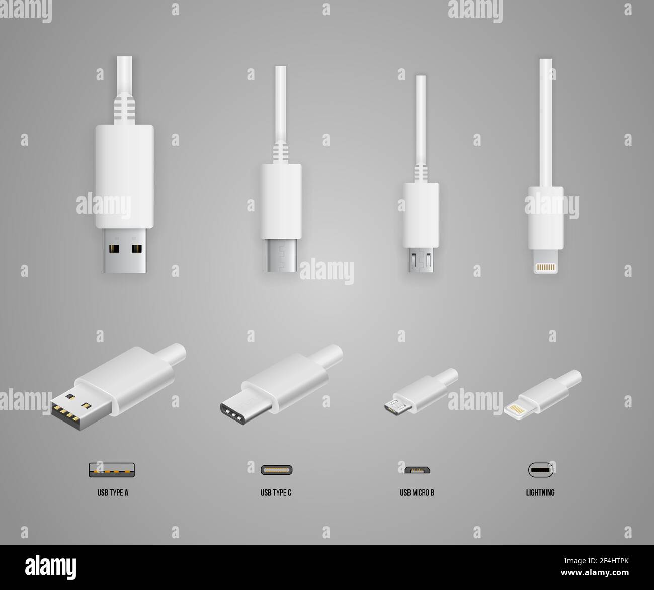 Top and perspective 3D view Vector white colored USB standart type A and type C plugs, micro, lightning, universal computer cable connectors, vector i Stock Vector