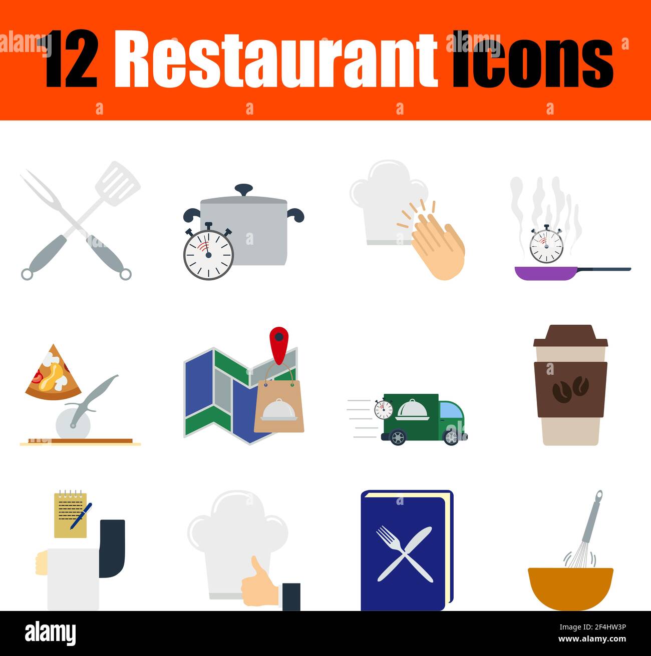 Restaurant Icon Set. Flat Design. Fully editable vector illustration. Text expanded. Stock Vector