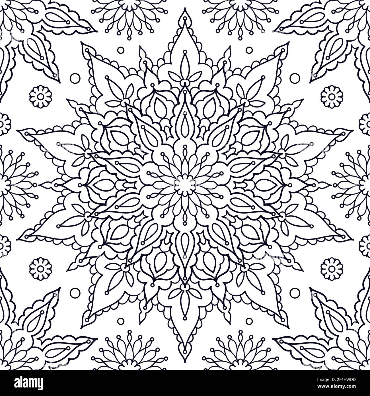 Seamless pattern with mandala. Black and white linear image. Doodle style. For coloring, fabric design, wallpaper, backgrounds, postcards, prints. Vec Stock Vector