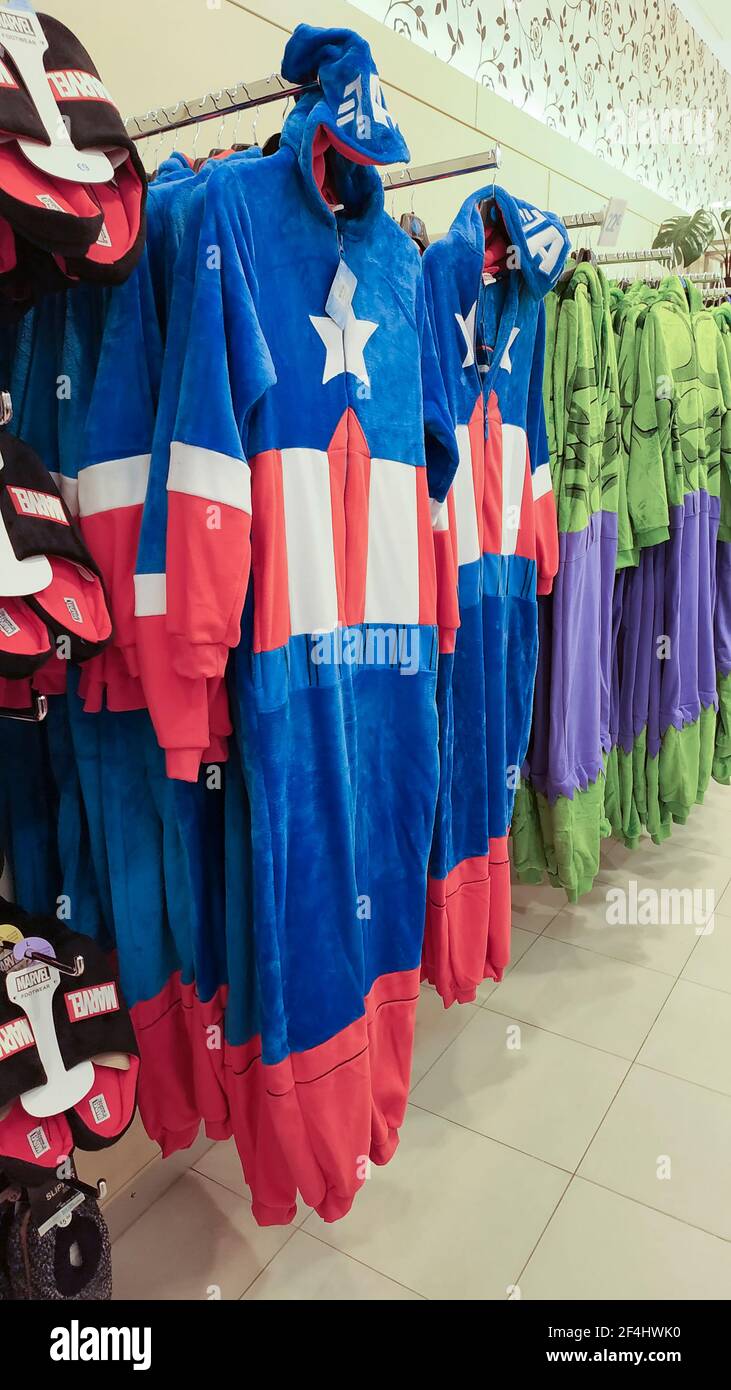 Galicia-Spain.Pajama jumpsuits hanging simulating the Captain America costume and Marvel slippers as of March 15, 2021 Stock Photo