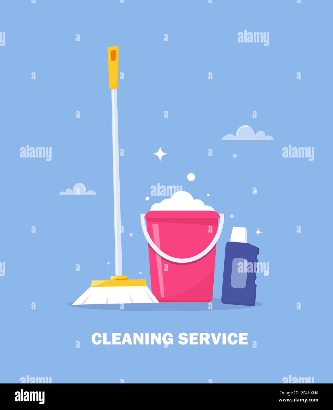 Cleaning service and household supplies. Design concept for web banner, infographic, poster. Detergent and disinfectant products with bucket, mop, det Stock Vector
