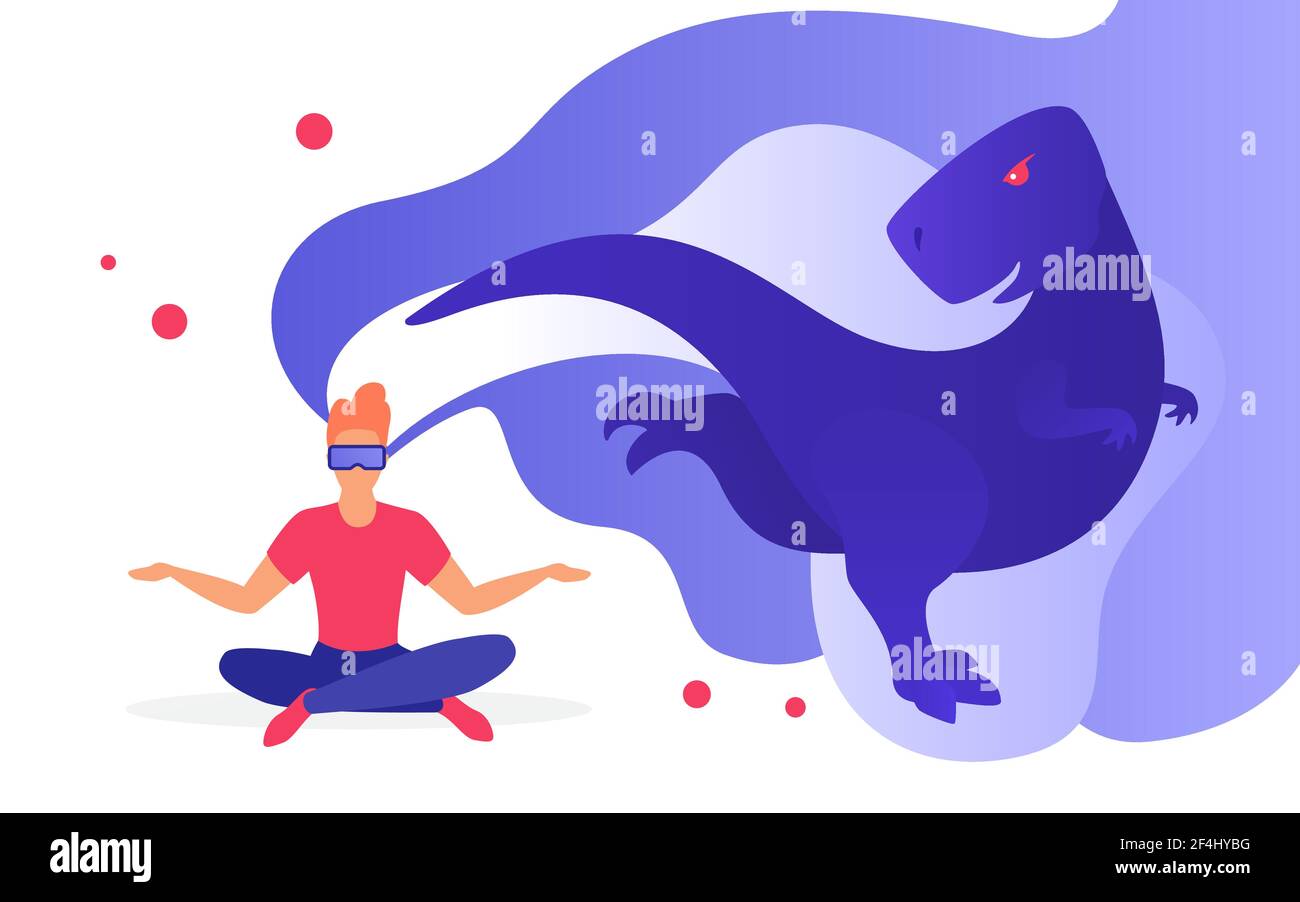 Virtual reality man with dinosaur concept illustration Stock Vector