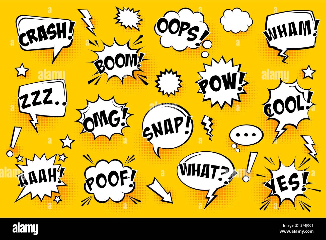 Comic speech bubbles with halftone shadows and text on yellow ...