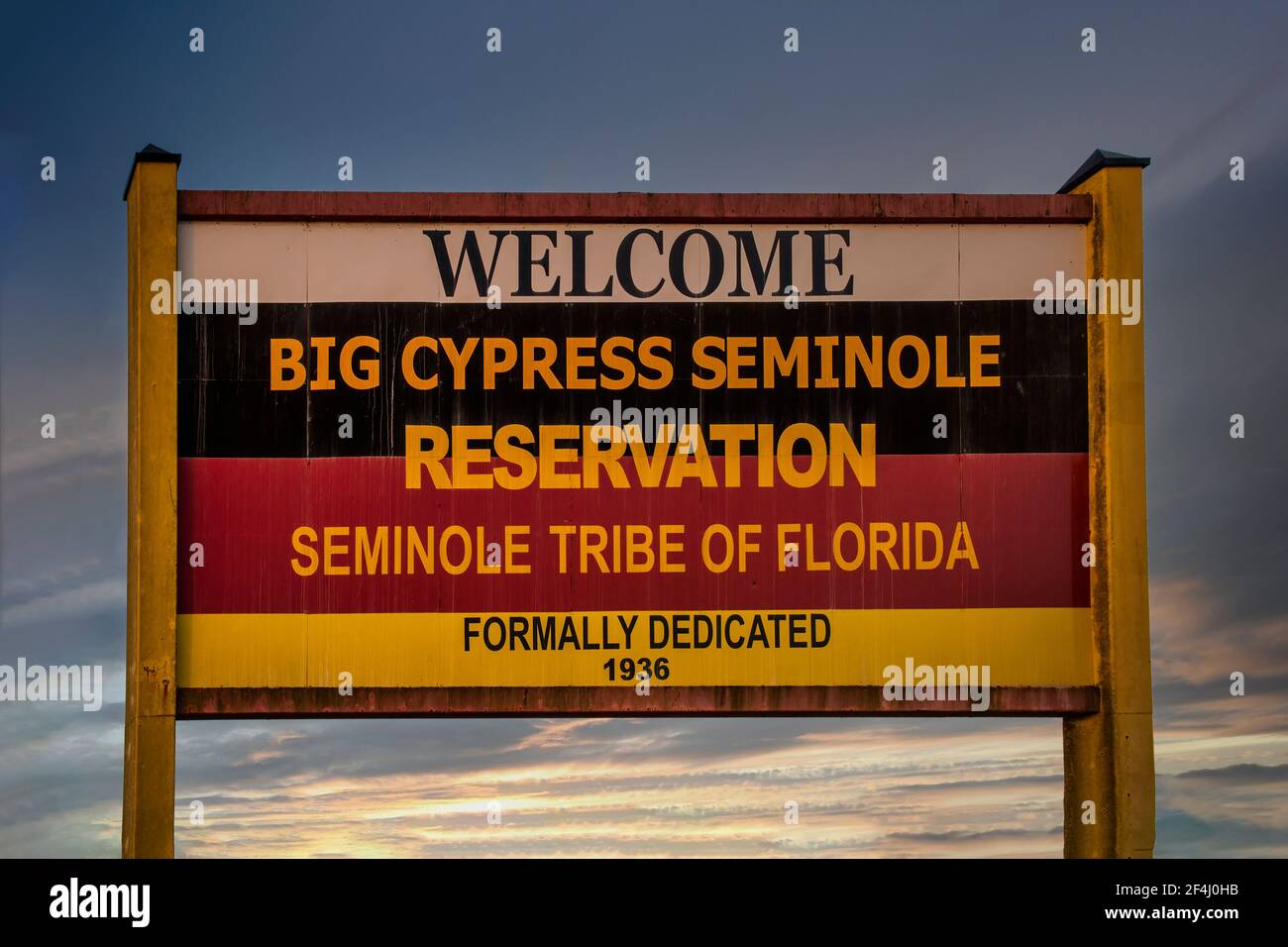Entrance sign to the Big Cypress Seminole Reservation of the Seminole Tribe of Florida located off the Tamiami Trail in Clewiston. Stock Photo