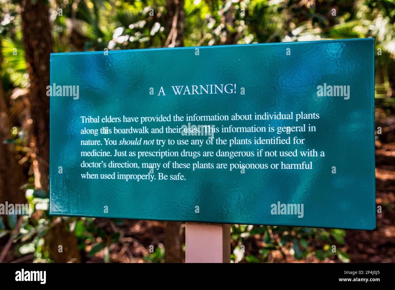 A warning sign about medicinal plants on the Boardwalk at the Ah-Tah-Thi-Ki Museum of the Seminole Tribe of Florida located off the Tamiami Trail in C Stock Photo