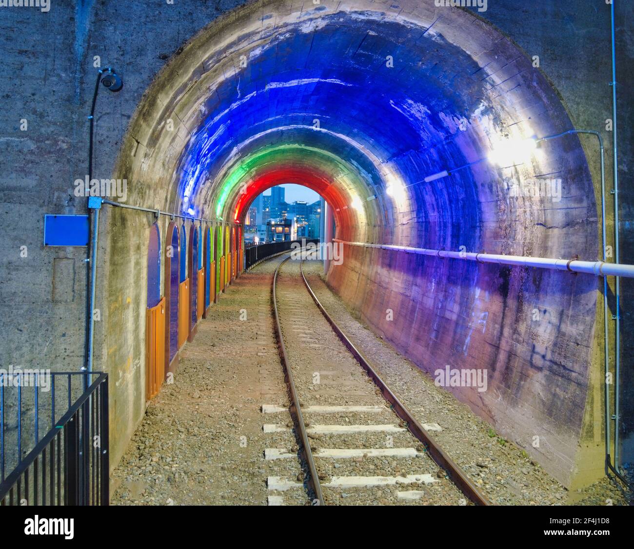 Night view of Haeundae Beach Train, Busan, South Korea, Asia. Stock Photo