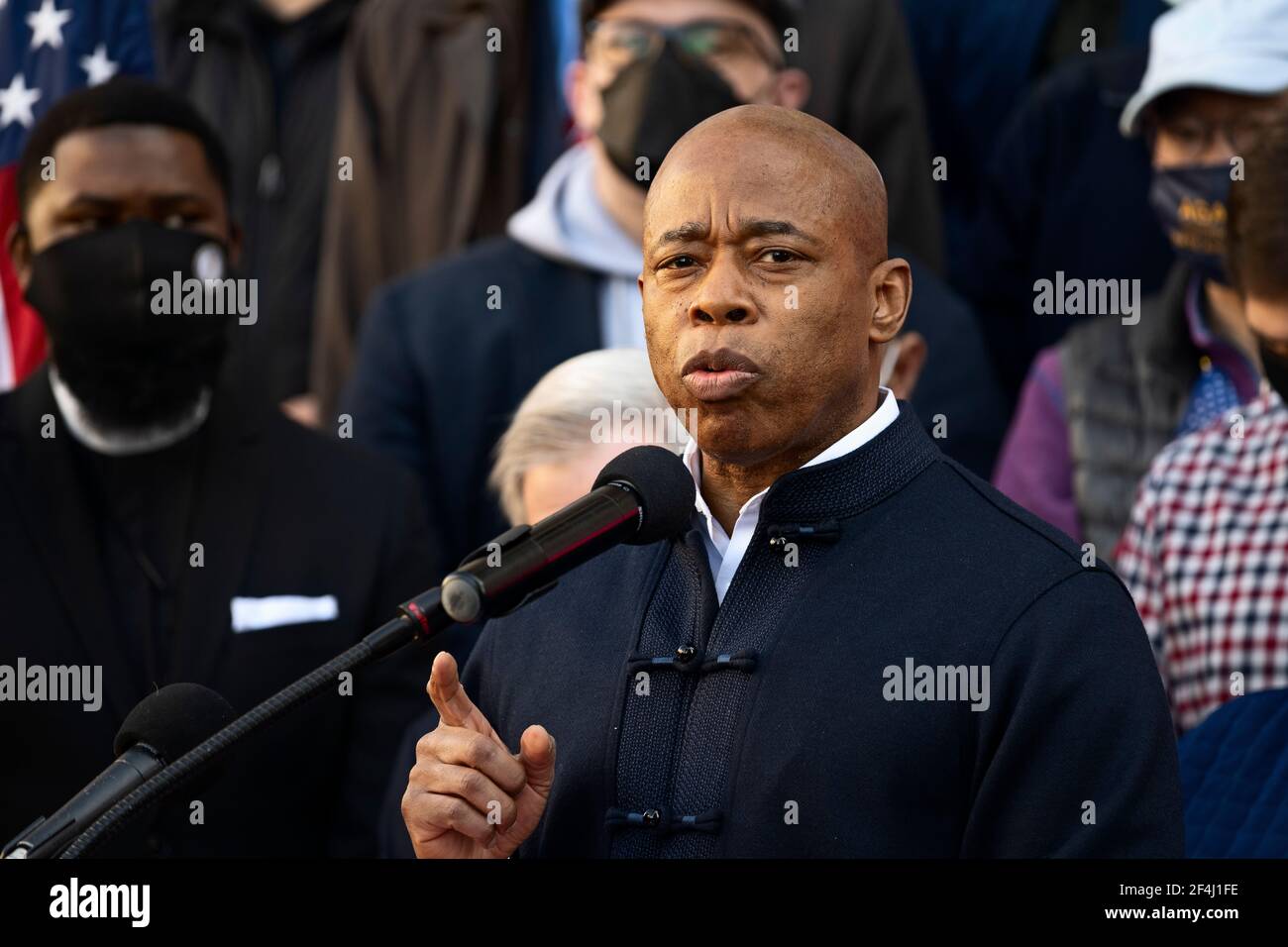 Brooklyn, New York, USA. 21 March 2021 Brooklyn Borough President Eric Adams speaks during rally against violence and discrimination after recent attacks against Asian-Americans in New York City and across the U.S. during COVID-19 pandemic. Adams is running for mayor of New York City this year. Credit: Joseph Reid/Alamy Live News Stock Photo