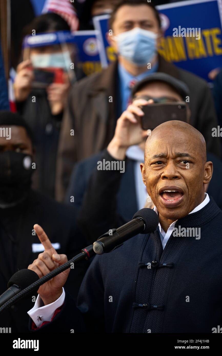 Brooklyn, New York, USA. 21 March 2021 Brooklyn Borough President Eric Adams speaks during rally against violence and discrimination after recent attacks against Asian-Americans in New York City and across the U.S. during COVID-19 pandemic.  Adams is running for mayor of New York City this year. Credit: Joseph Reid/Alamy Live News Stock Photo