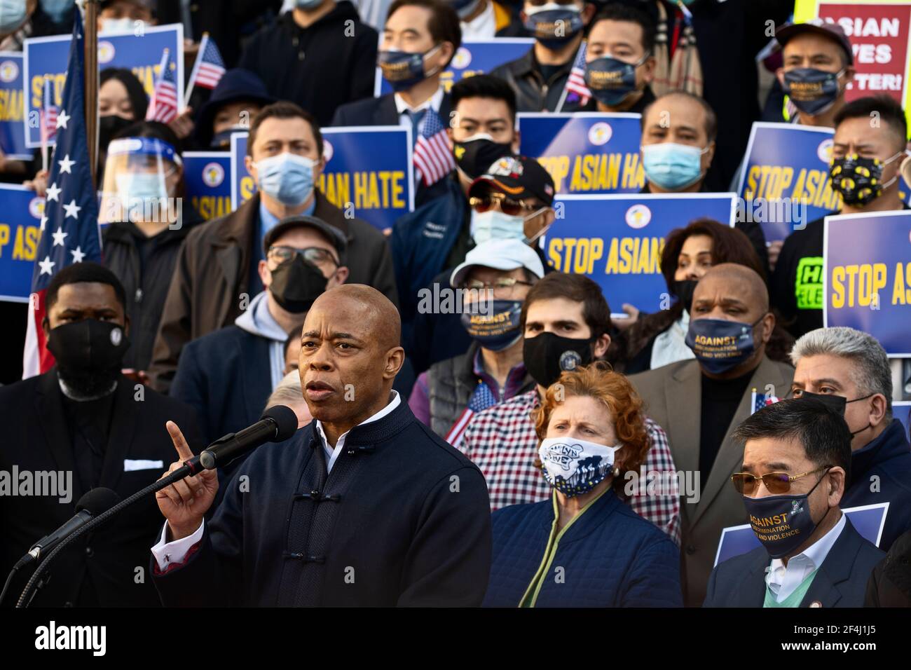 Brooklyn, New York, USA. 21 March 2021 Brooklyn Borough President Eric Adams speaks during rally against violence and discrimination after recent attacks against Asian-Americans in New York City and across the U.S. during COVID-19 pandemic.  Adams is running for mayor of New York City this year. Credit: Joseph Reid/Alamy Live News Stock Photo