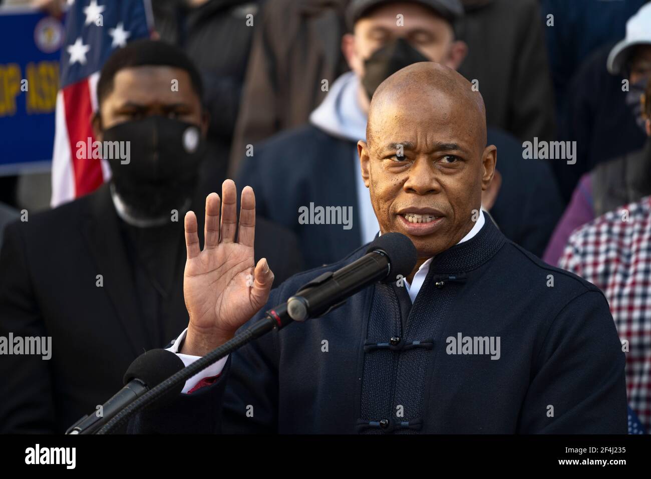 Brooklyn, New York, USA. 21 March 2021 Brooklyn Borough President Eric Adams leads a rally against violence and discrimination after recent attacks against Asian-Americans in New York City and across the U.S. during COVID-19 pandemic.  Adams is running for mayor of New York City this year. Credit: Joseph Reid/Alamy Live News Stock Photo